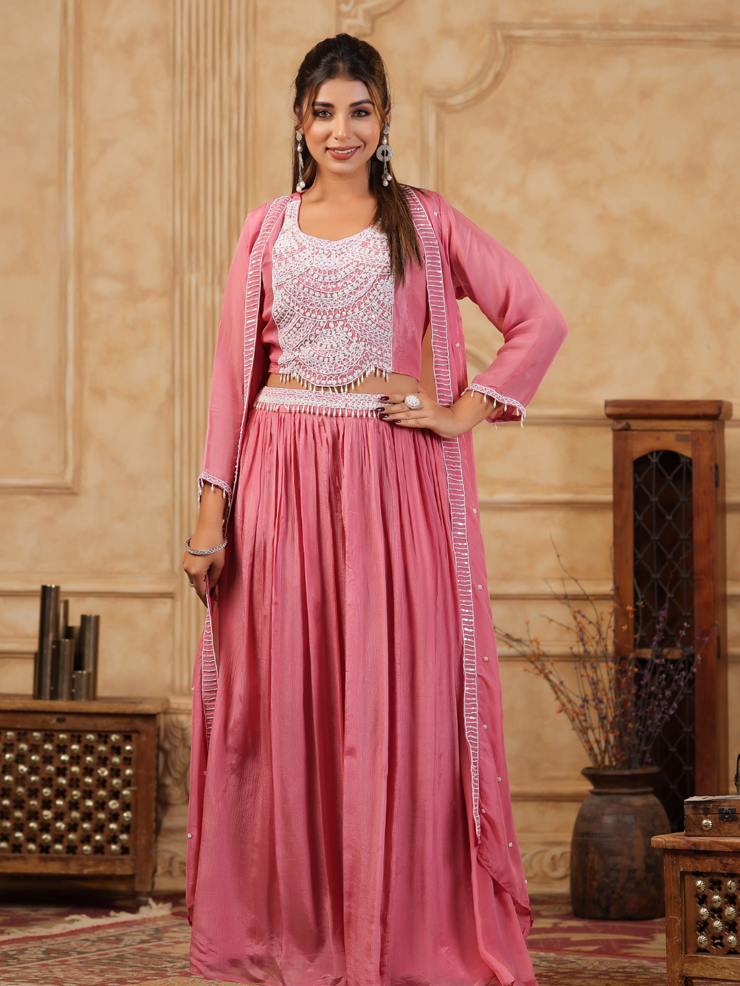 Rose Pink Embroidered Lehenga Jacket Set