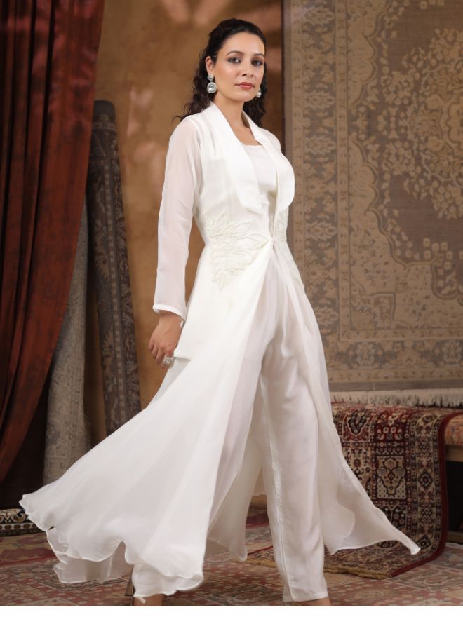 Elegant Off-White Embroidered Co-ord set with Jacket
