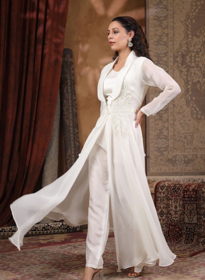 Elegant Off-White Embroidered Co-ord set with Jacket