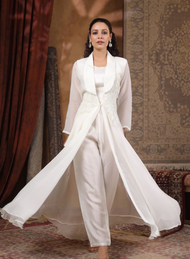 Elegant Off-White Embroidered Co-ord set with Jacket
