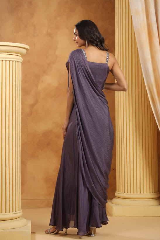 Purple Embroidered Women One-Shoulder Cape Set