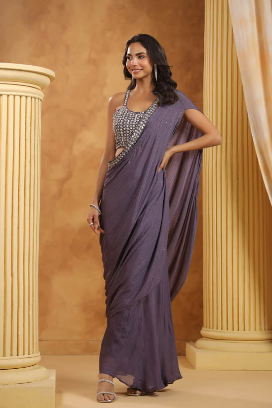 Purple Embroidered Women One-Shoulder Cape Set