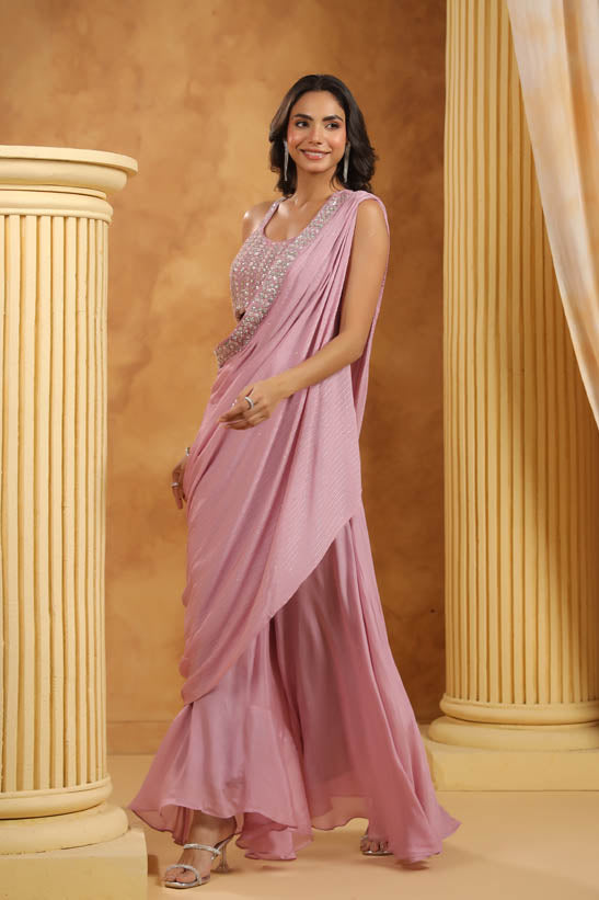 Lavender Embroidered Women One-Shoulder Cape Set