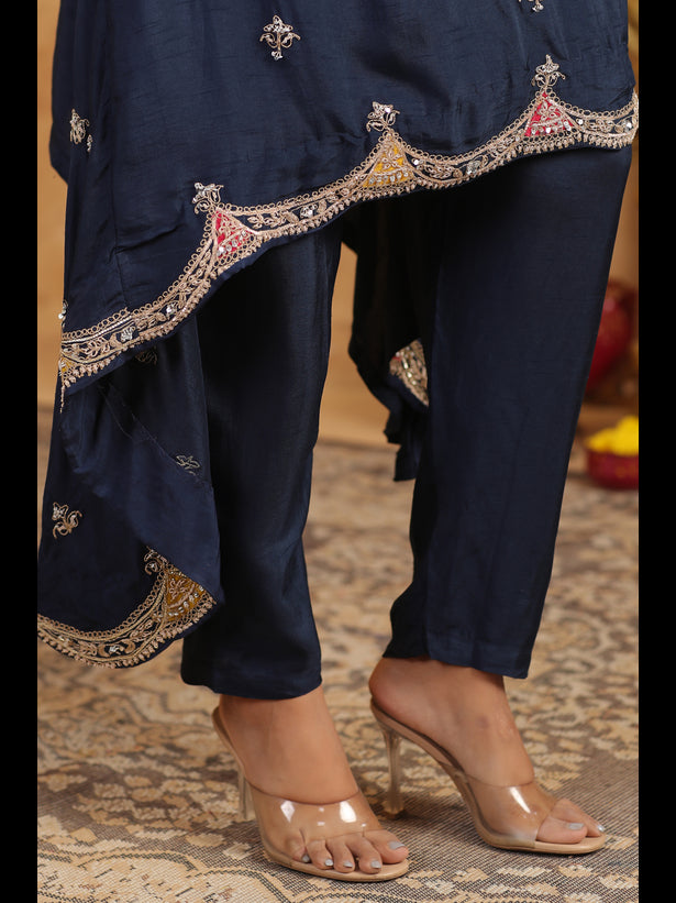 Navy Blue Embroidered Women Asymmetric Kurta Set