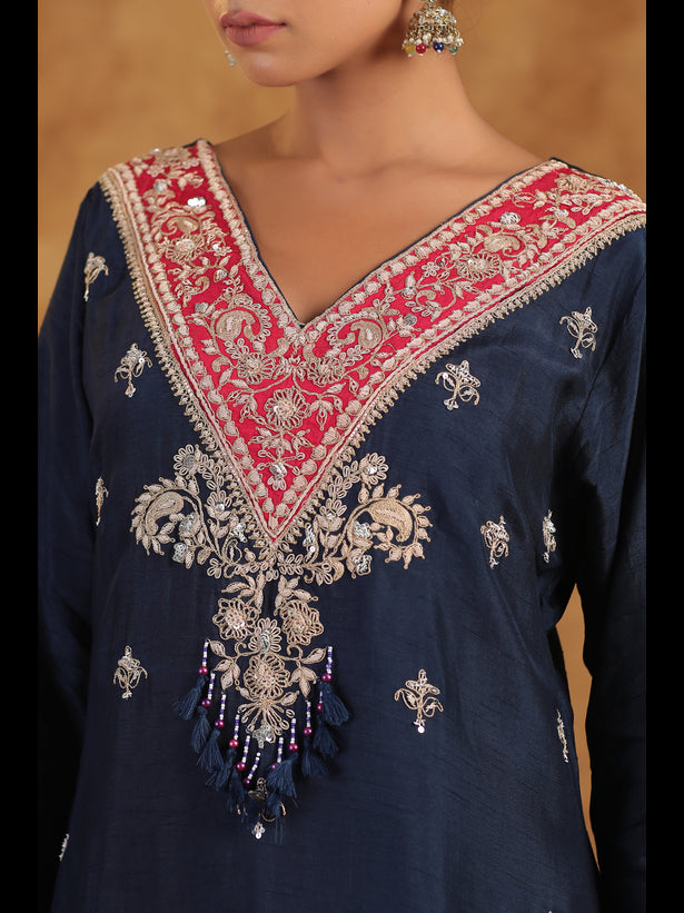 Navy Blue Embroidered Women Asymmetric Kurta Set