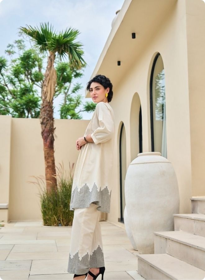 Cream Rose Embroidered Pleated Kurta Set