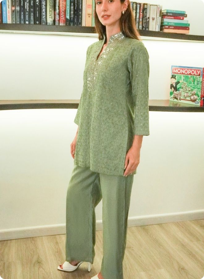 Mehndi Green Mirror Work Co-Ord Set