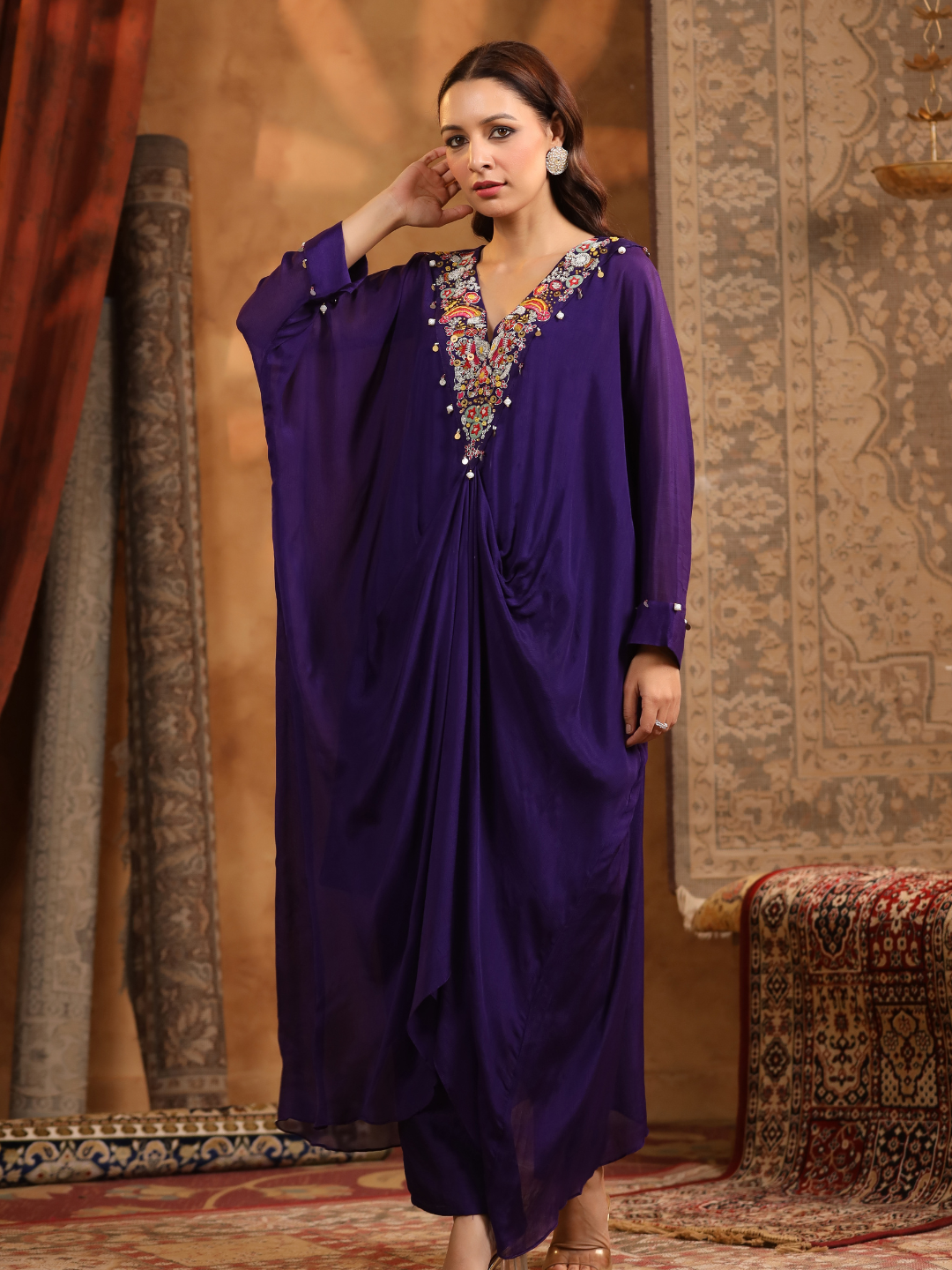 Navy Blue Embroidered Kaftan Set