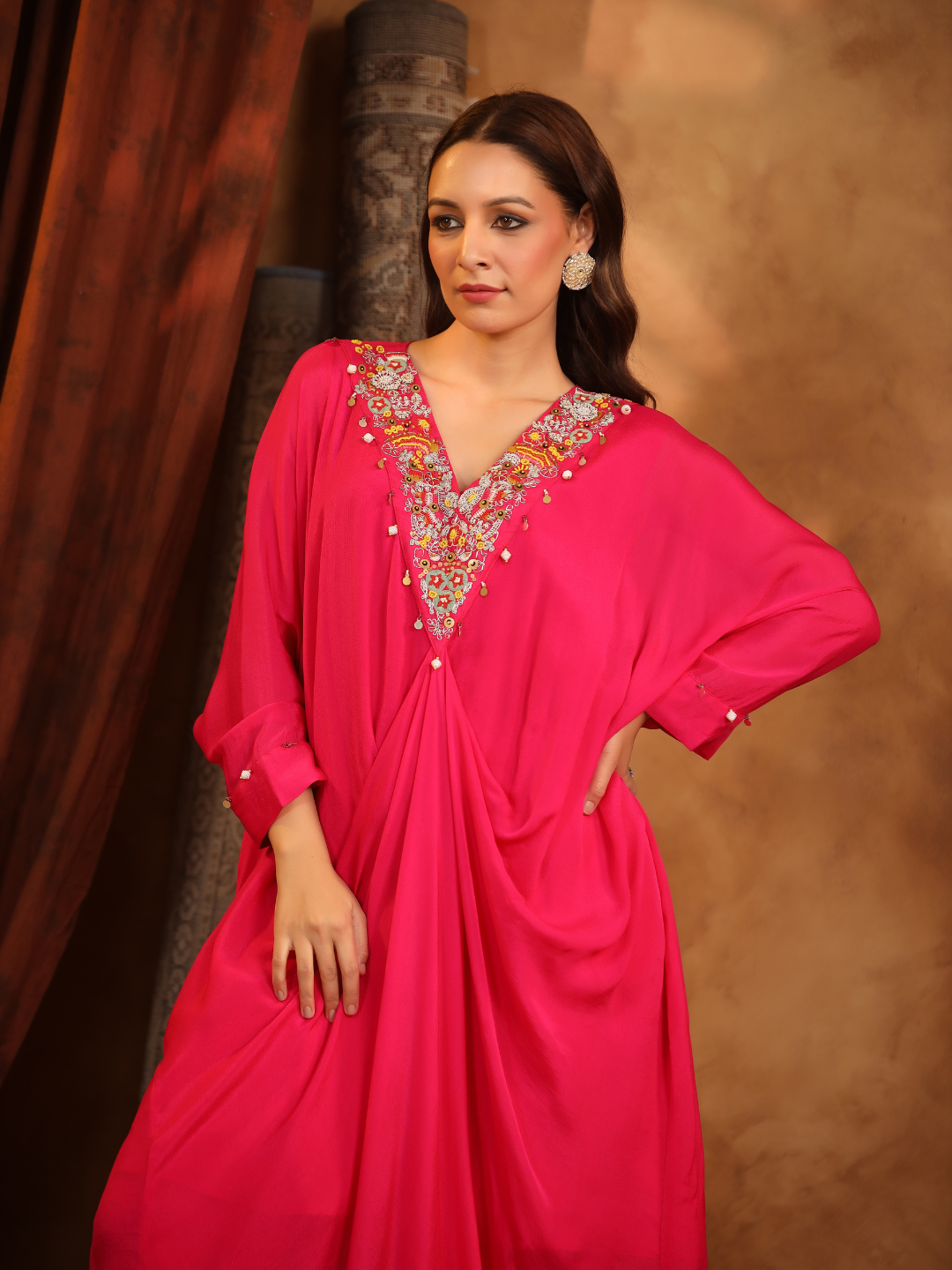 Elegant Magenta Embroidered Draped Kaftan Set