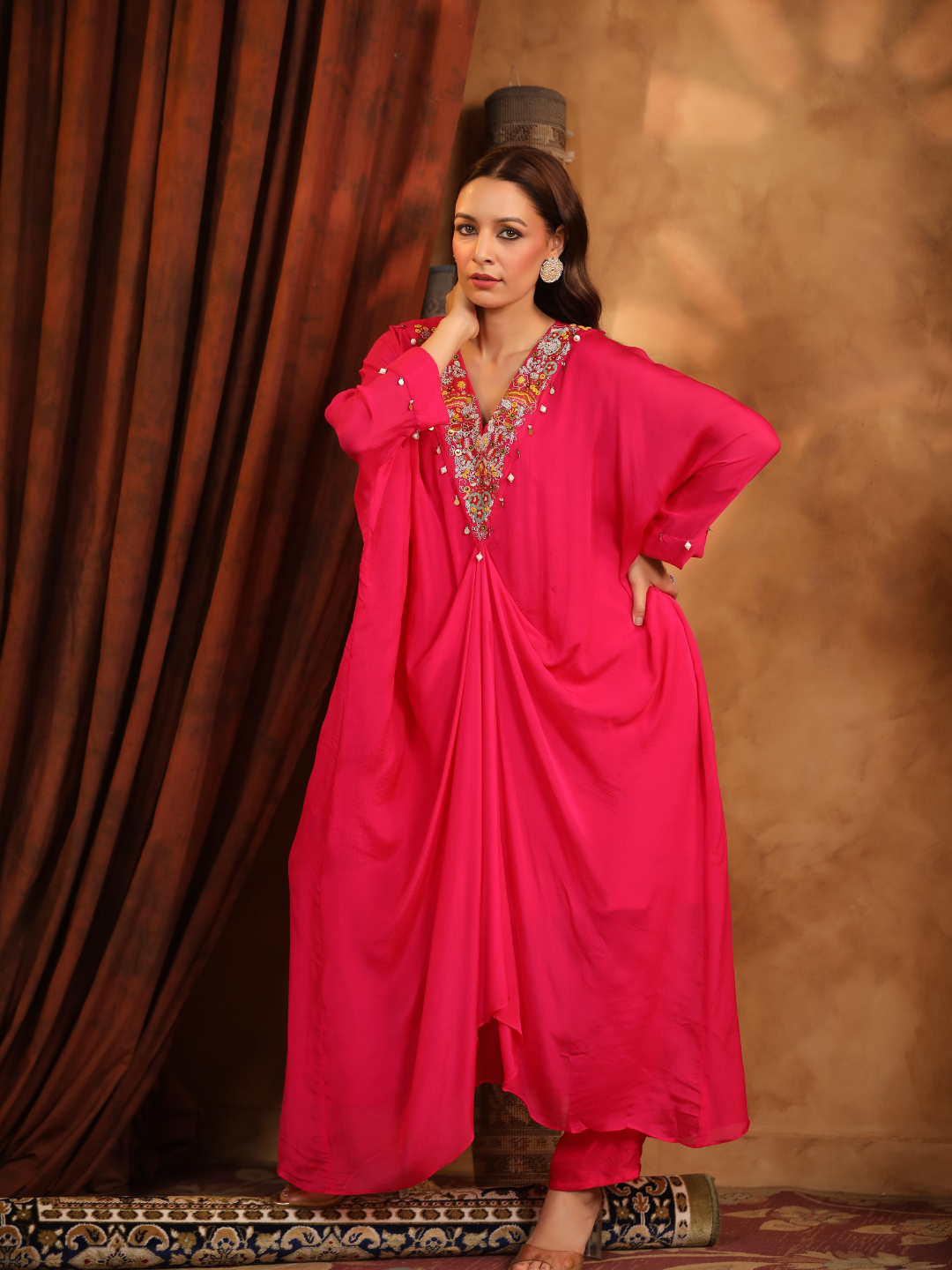 Elegant Magenta Embroidered Draped Kaftan Set