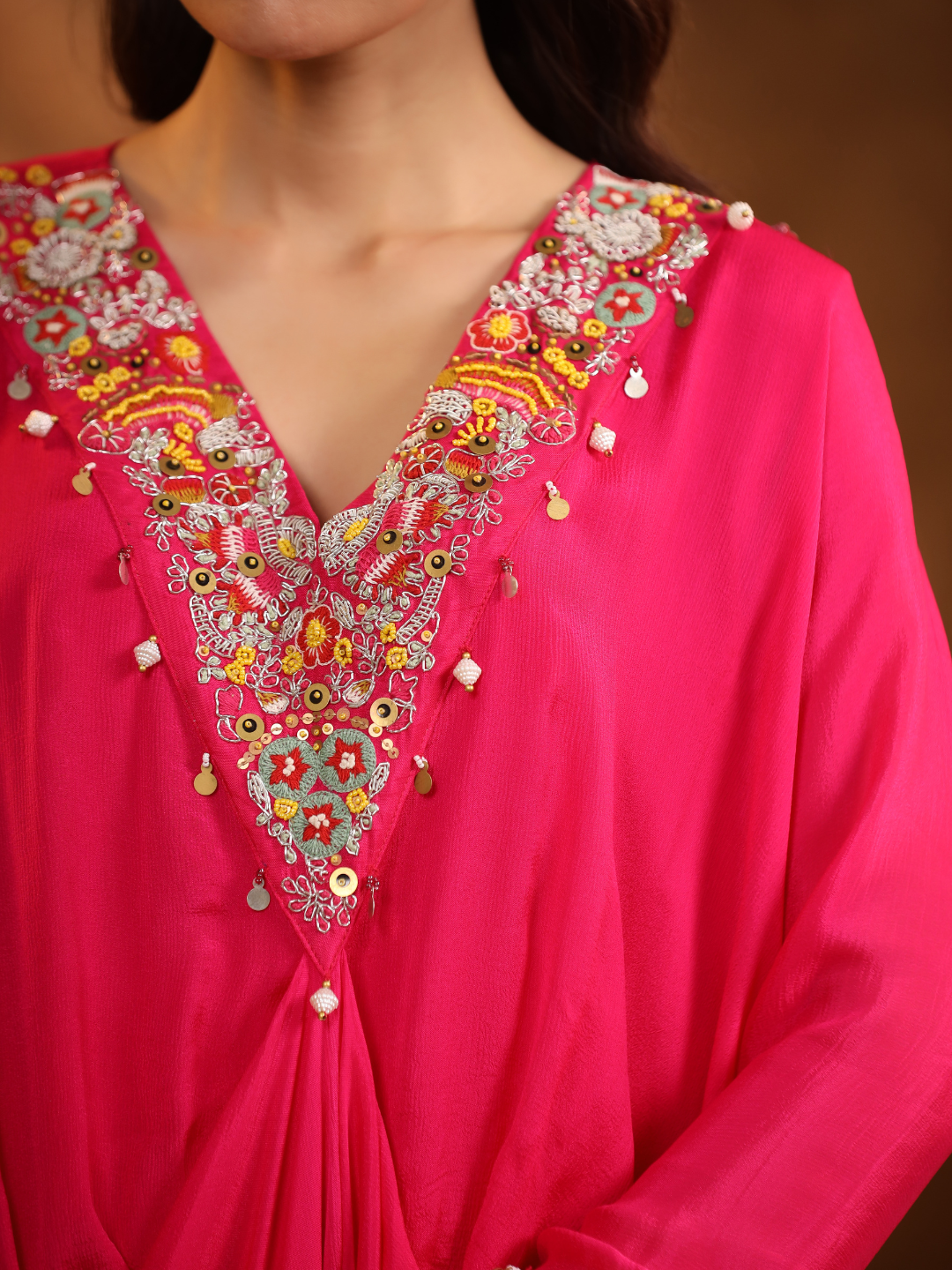 Elegant Magenta Embroidered Draped Kaftan Set