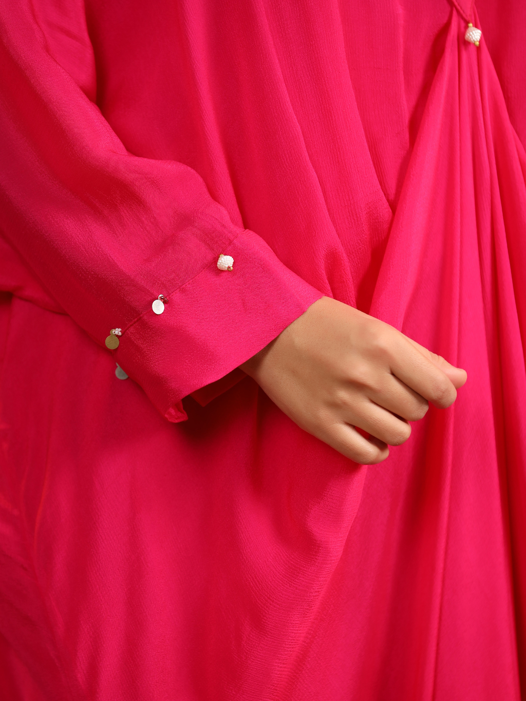 Elegant Magenta Embroidered Draped Kaftan Set
