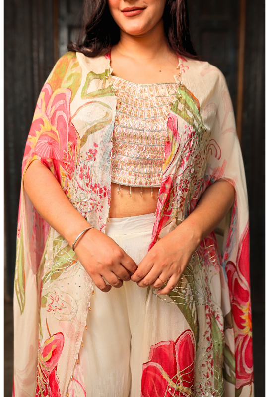 Cream Floral Print Women Cape Set
