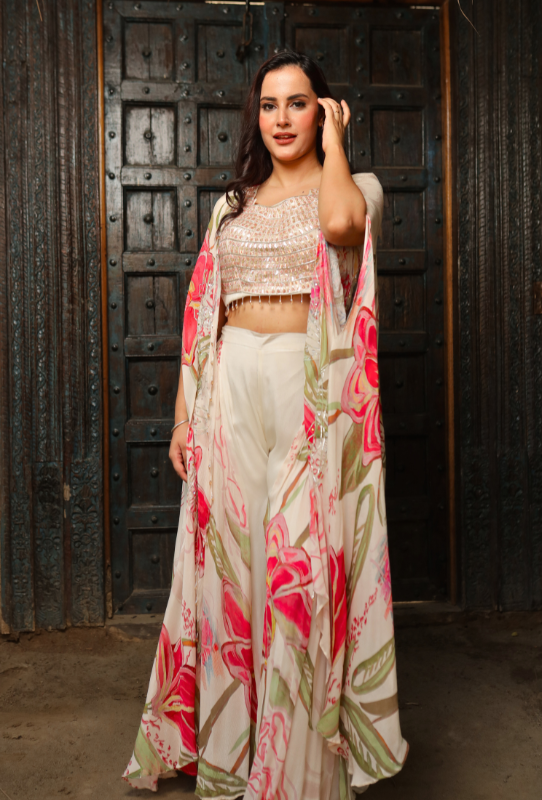 Cream Floral Print Women Cape Set