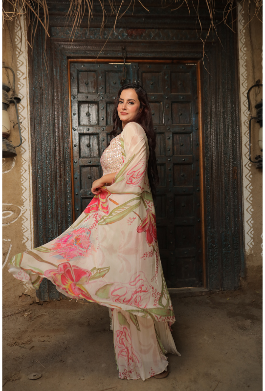 Cream Floral Print Women Cape Set
