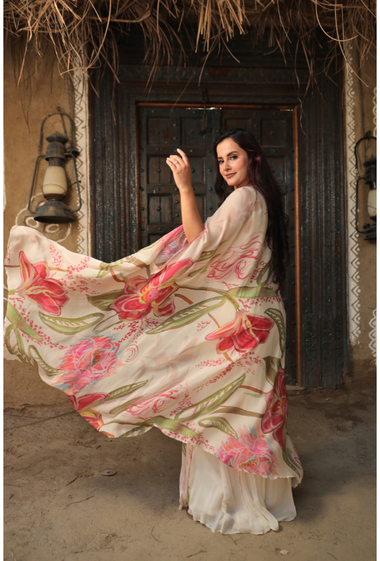 Cream Floral Print Women Cape Set