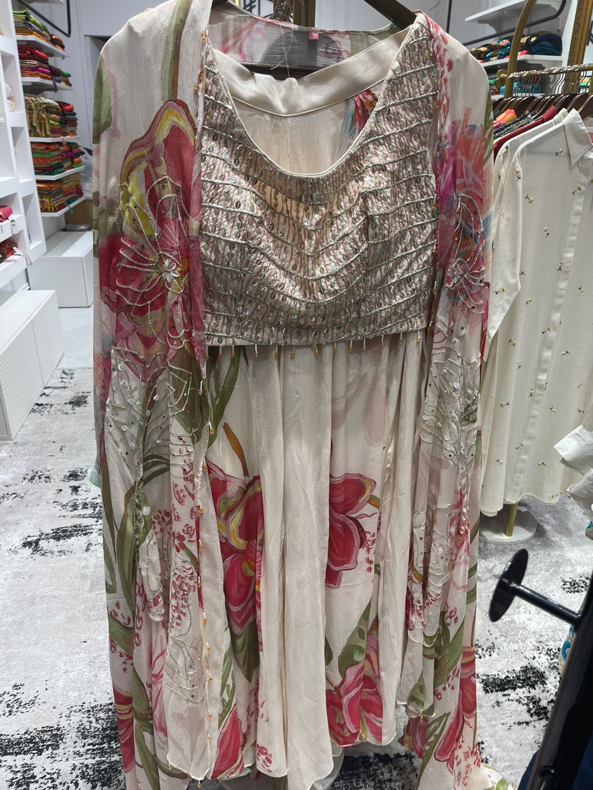 Cream Floral Print Women Cape Set