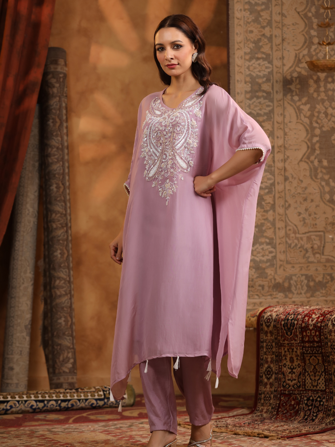 Lavender Embroidered Kaftan Set