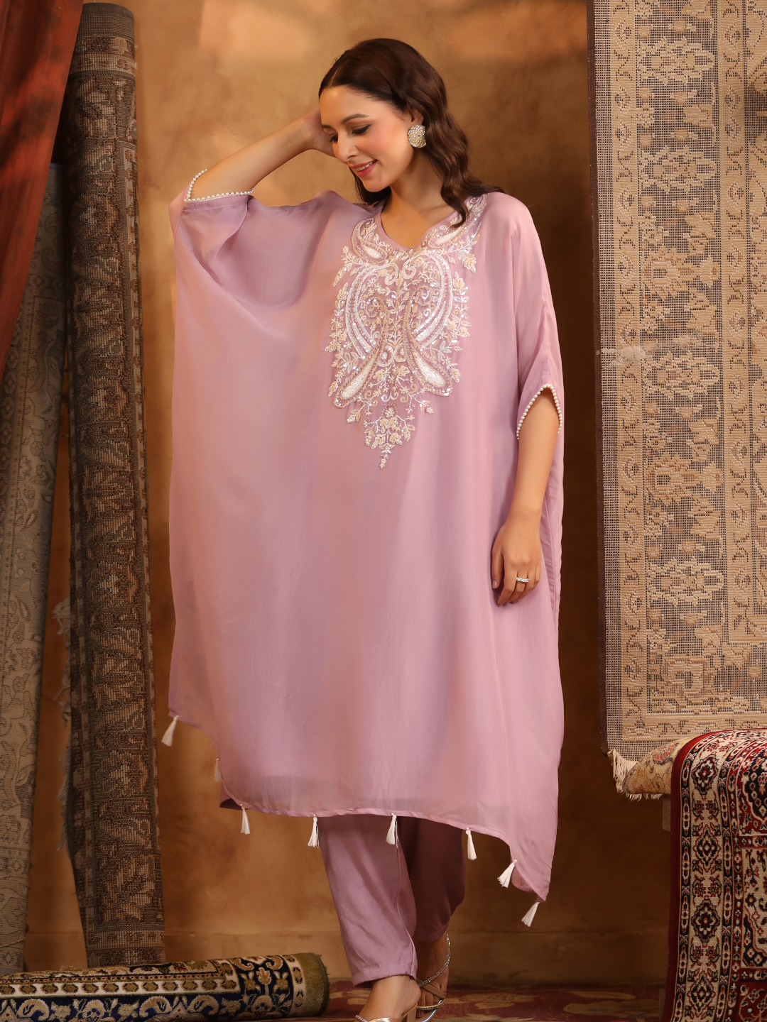 Lavender Embroidered Kaftan Set