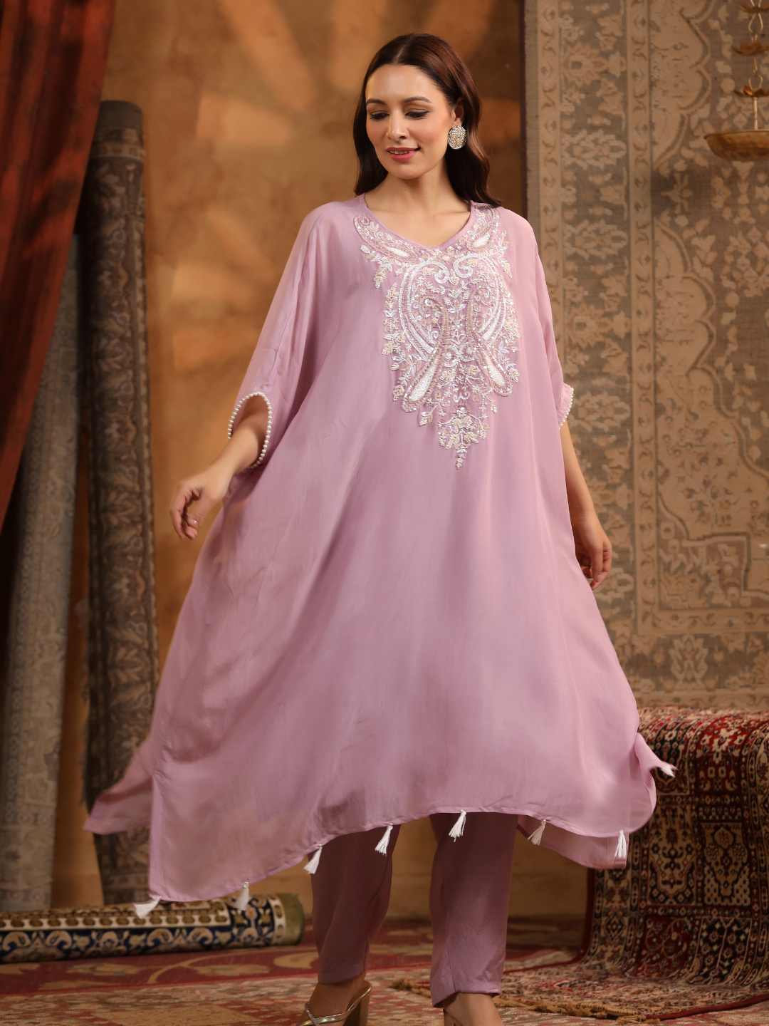 Lavender Embroidered Kaftan Set