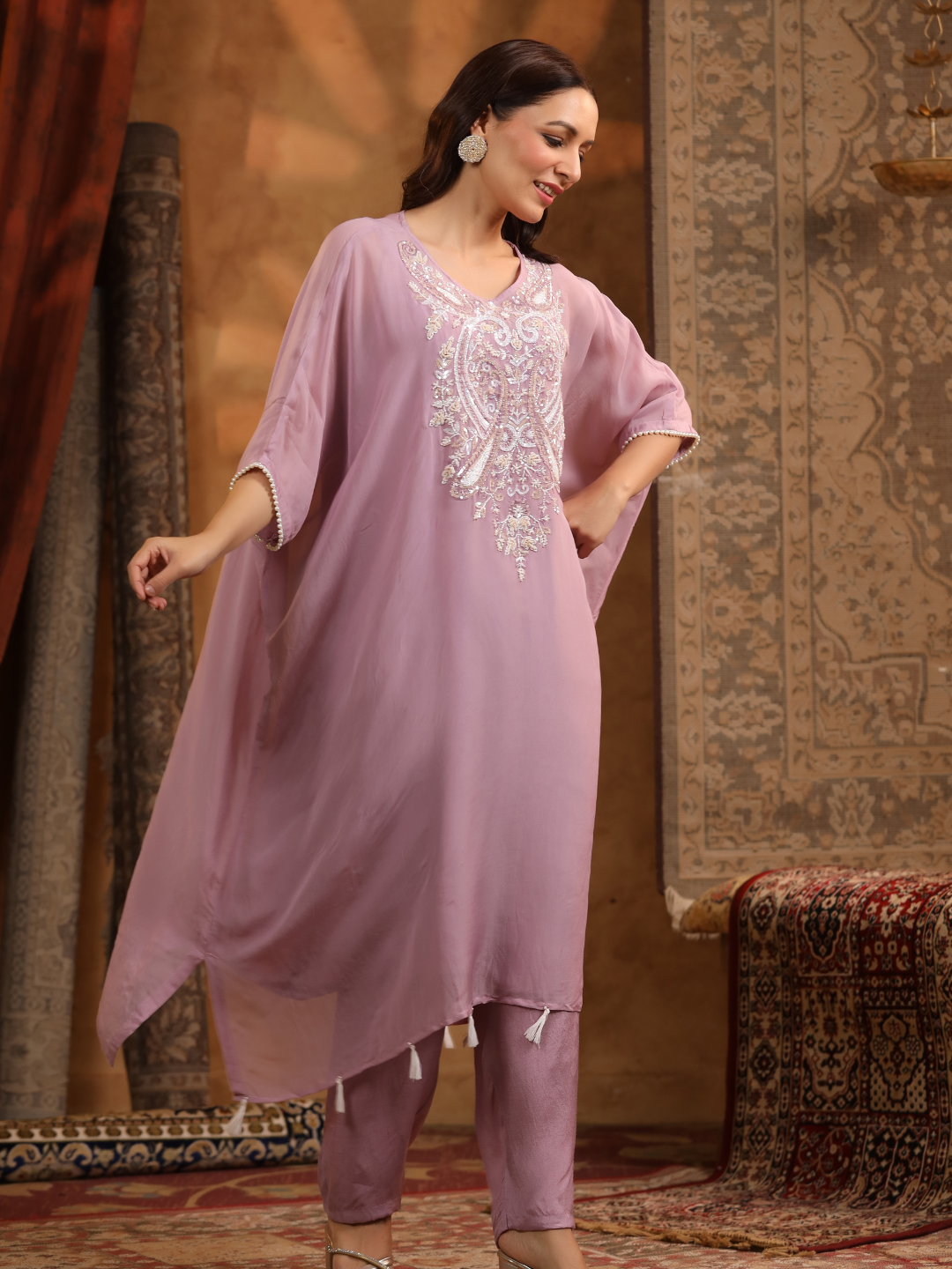Lavender Embroidered Kaftan Set