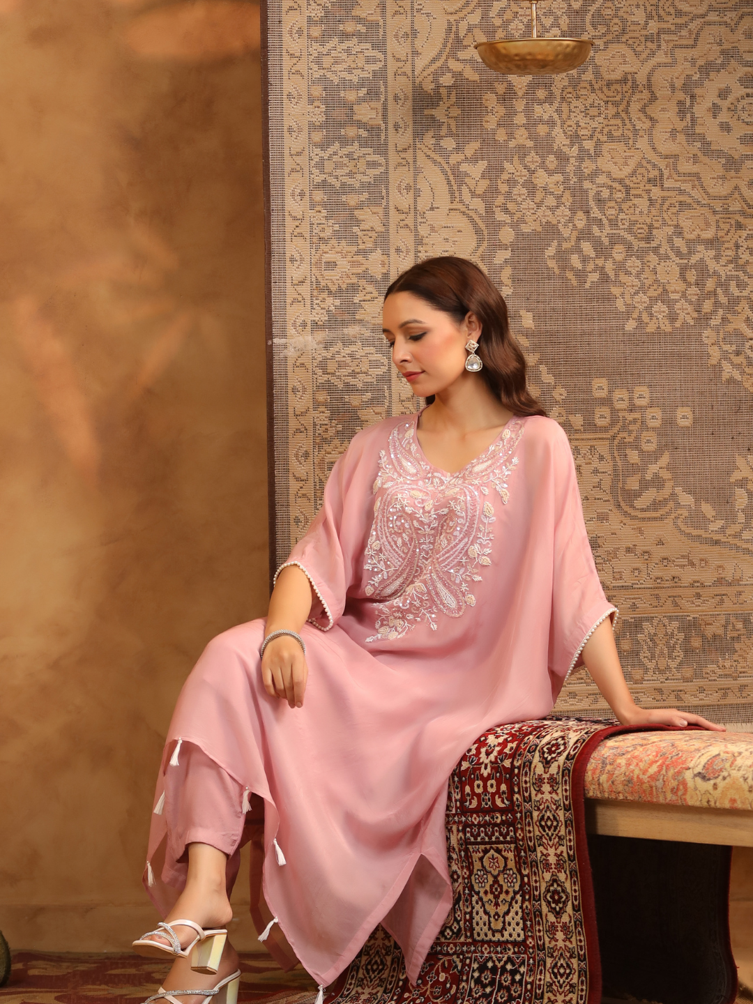 Rose Pink Embroidered Kaftan Set