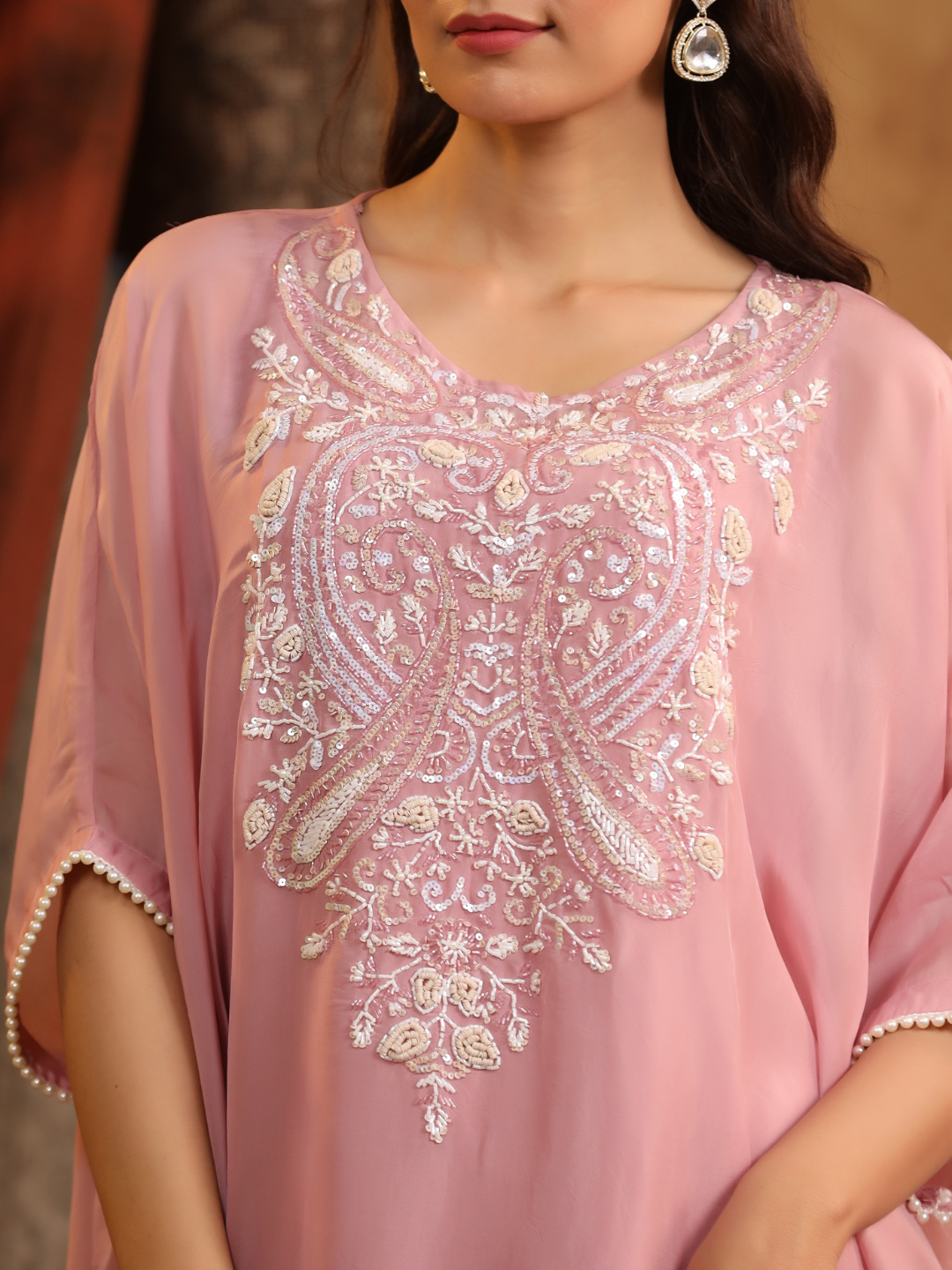 Rose Pink Embroidered Kaftan Set