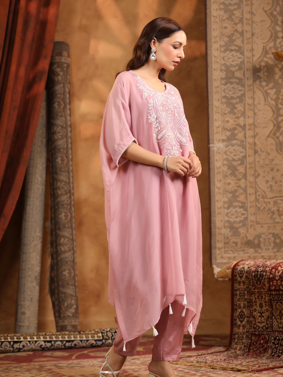 Rose Pink Embroidered Kaftan Set