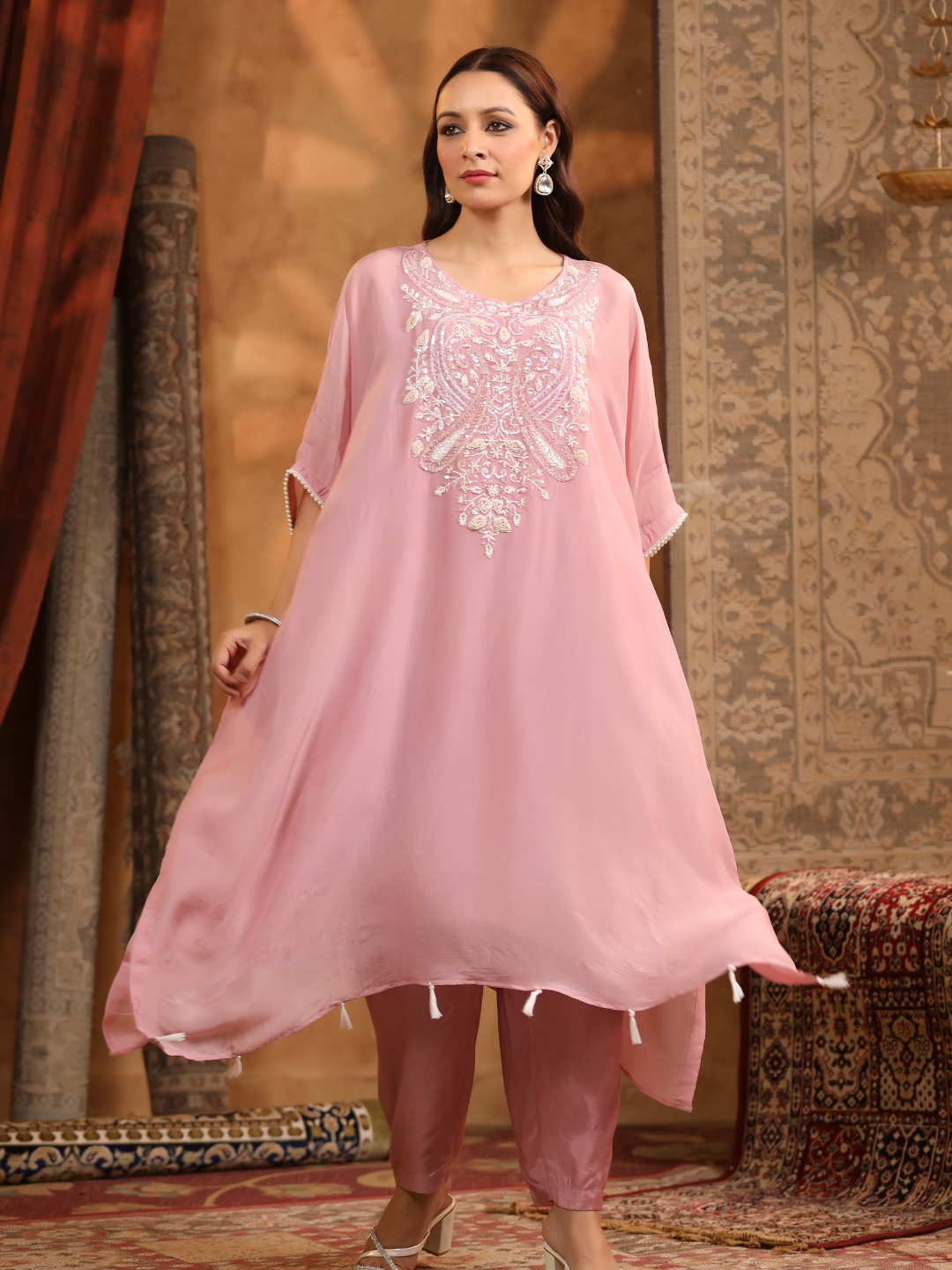 Rose Pink Embroidered Kaftan Set