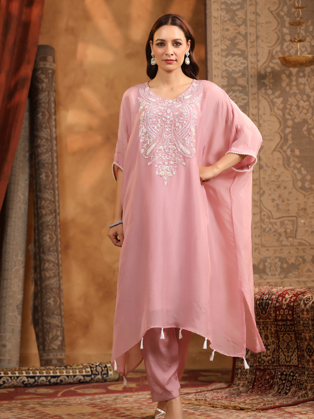 Rose Pink Embroidered Kaftan Set