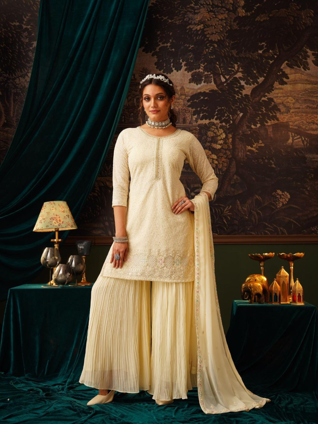 Cream Embroidered Kurta Set