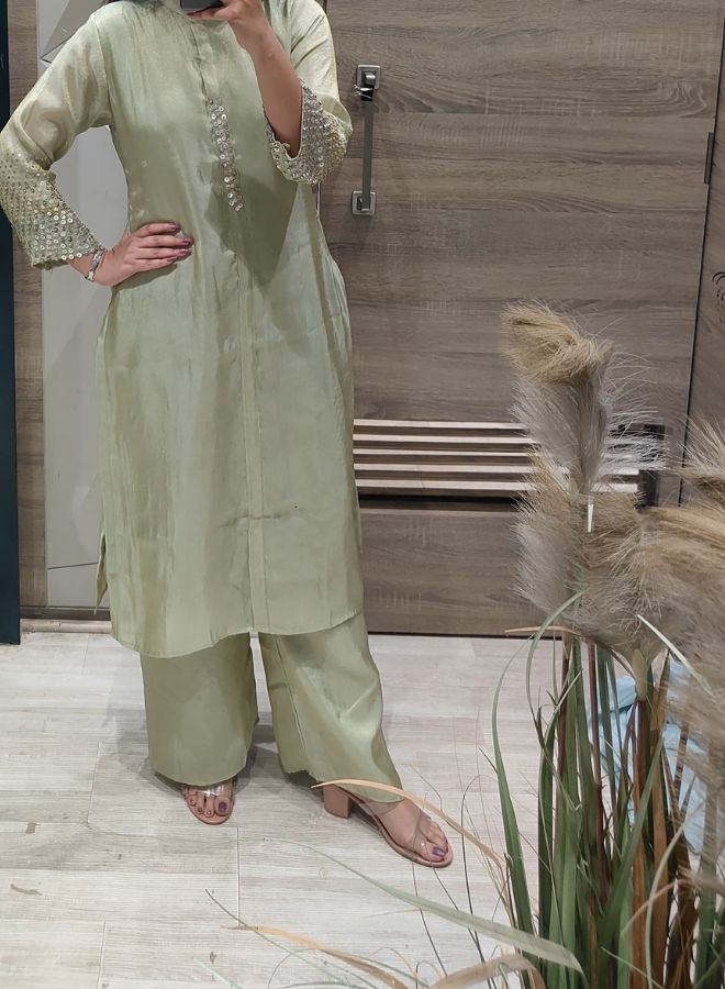 Light Pistachio Green Silk Co-Ord Set with Embellished Sleeves