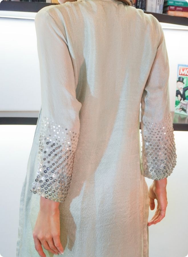 Light Pistachio Green Silk Co-Ord Set with Embellished Sleeves