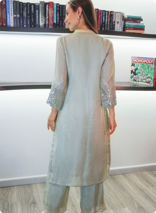 Light Pistachio Green Silk Co-Ord Set with Embellished Sleeves