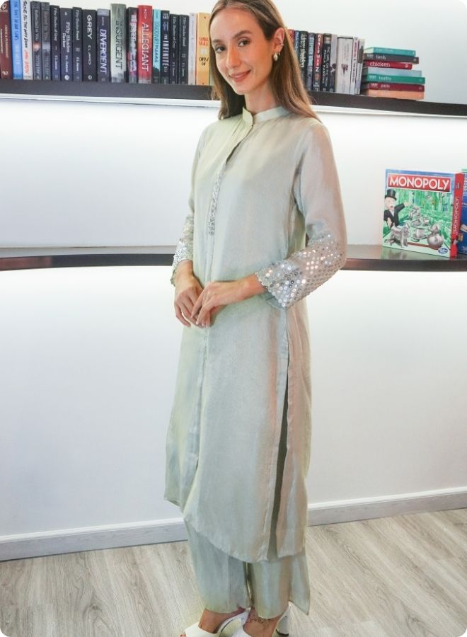 Light Pistachio Green Silk Co-Ord Set with Embellished Sleeves