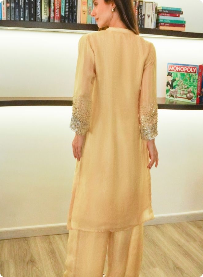 Golden Yellow Silk Co-Ord Set with Sequin Embellished Details