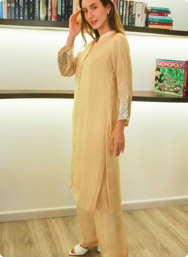 Golden Yellow Silk Co-Ord Set with Sequin Embellished Details