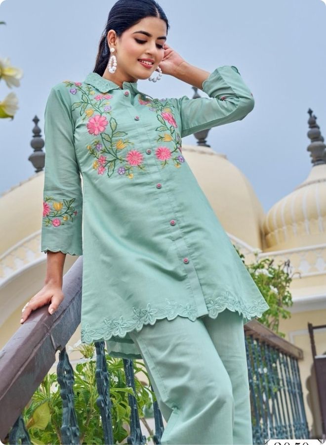 Mint Green Embroidered A-Line Kurta Set
