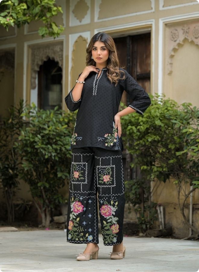 Black Floral Embroidered Straight Kurta Set