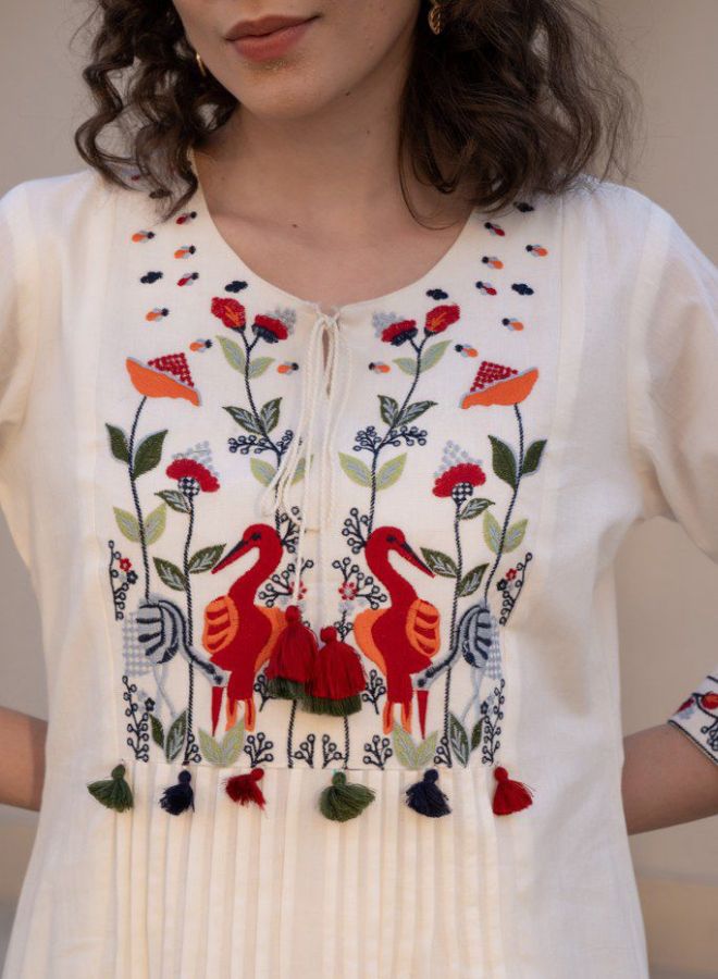 White Embroidered Kurta with Bird Motif