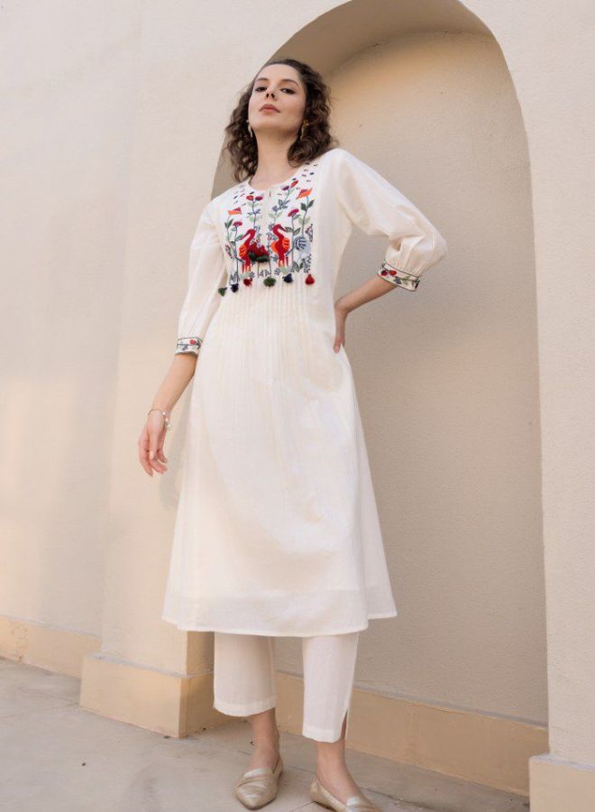White Embroidered Kurta with Bird Motif