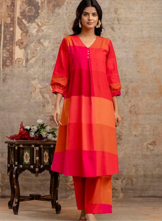 Vibrant Rani Pink & Orange Checked Kurta Pant Set