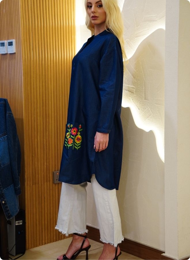 Featuring soft denim with front button shirt dress and embroidered pockets