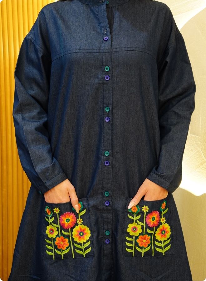 Featuring soft denim with front button shirt dress and embroidered pockets