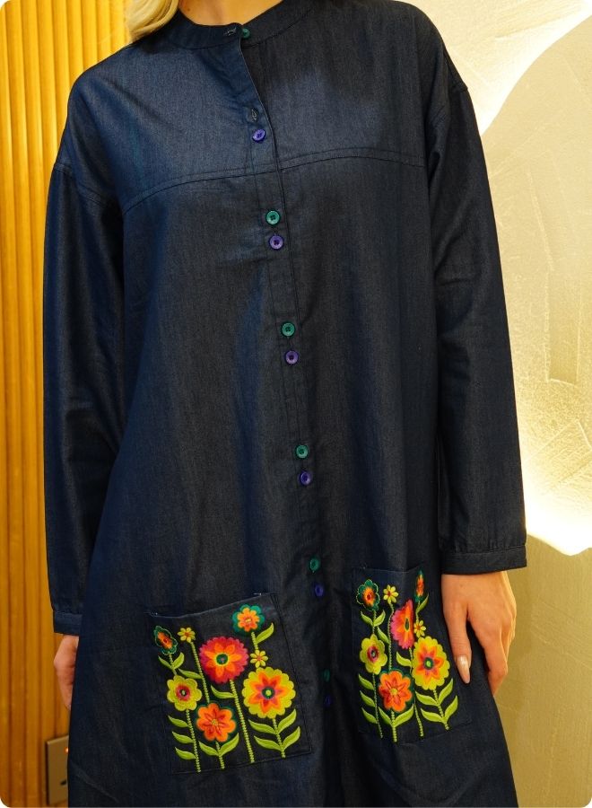 Featuring soft denim with front button shirt dress and embroidered pockets