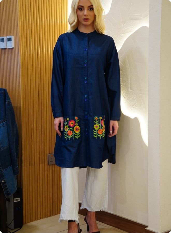 Featuring soft denim with front button shirt dress and embroidered pockets