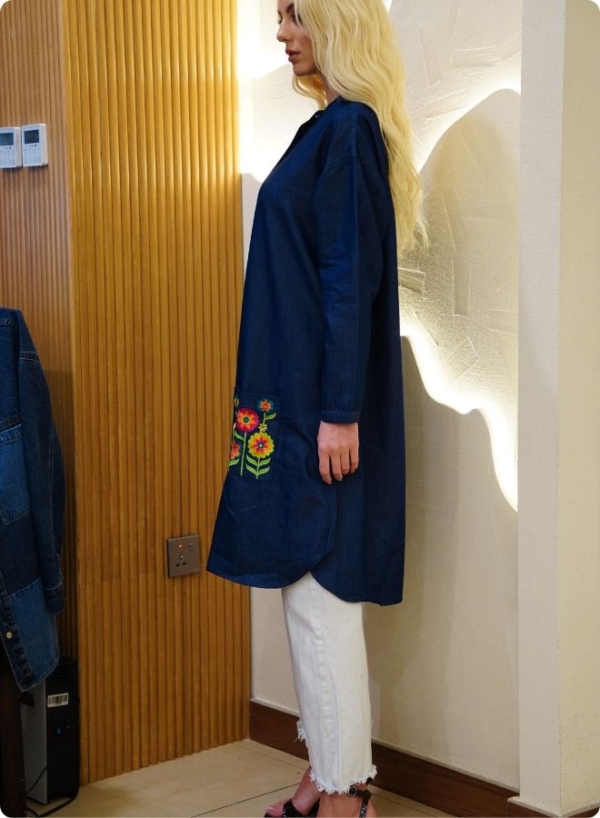 Featuring soft denim with front button shirt dress and embroidered pockets