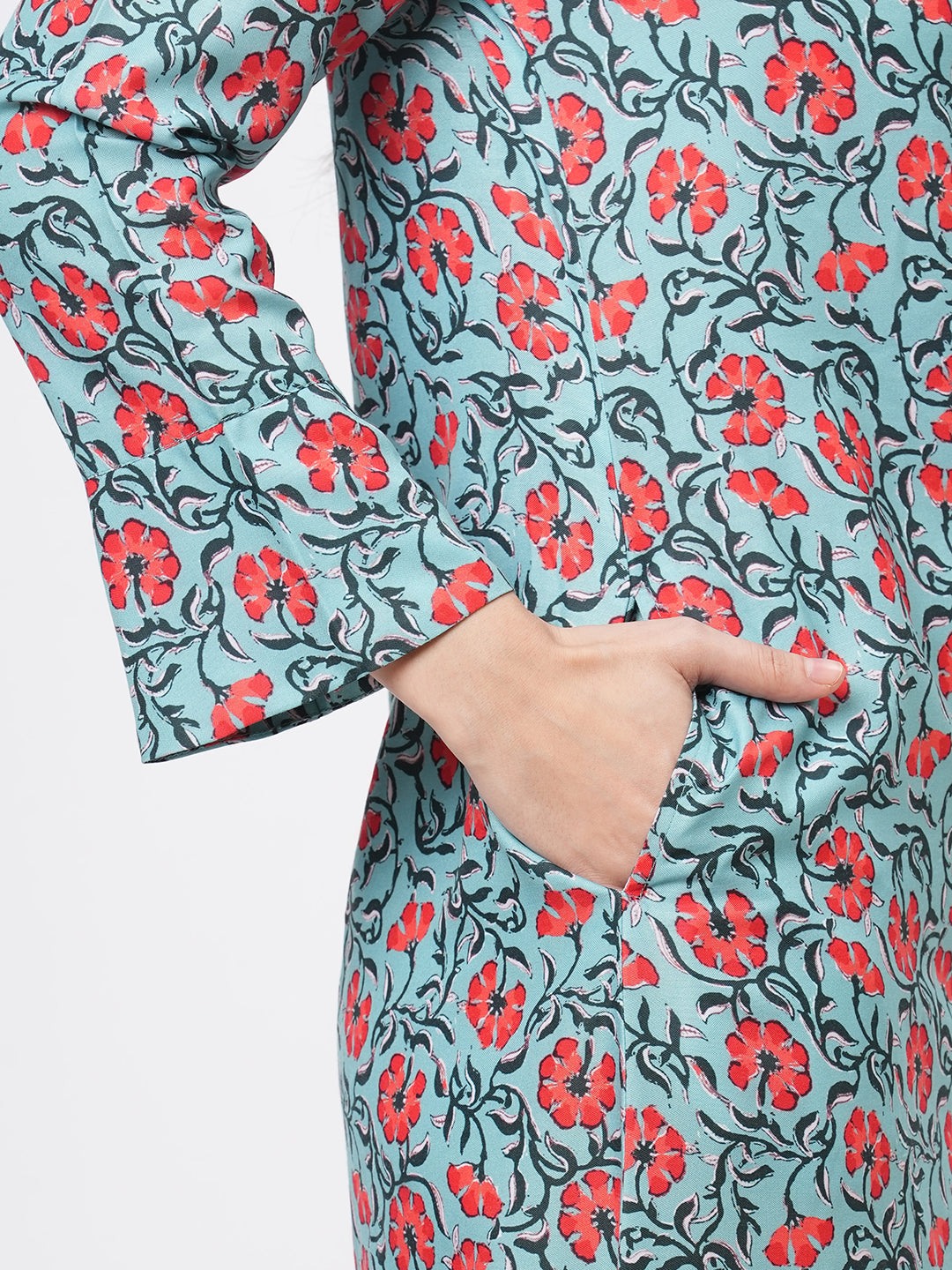 Featuring A Teal Floral Printed Long Shirt Dress In Regular Fit