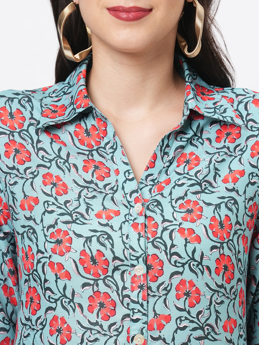 Featuring A Teal Floral Printed Long Shirt Dress In Regular Fit