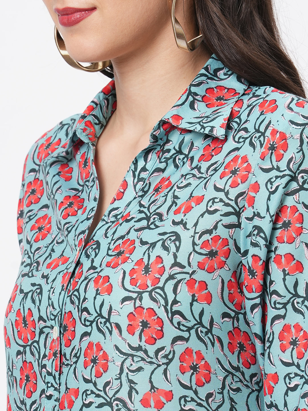 Featuring A Teal Floral Printed Long Shirt Dress In Regular Fit